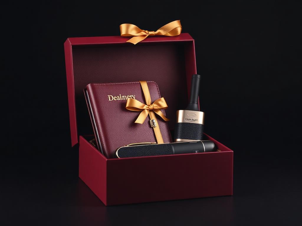 Luxury executive corporate hamper in a burgundy box with gold ribbon
