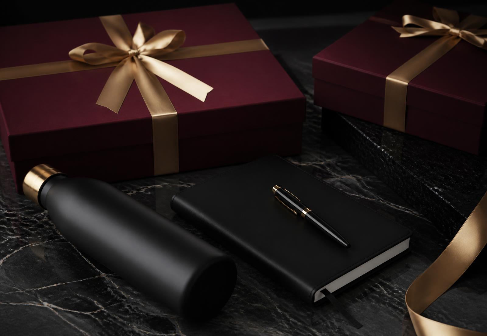 Luxury burgundy corporate gift boxes with gold ribbons, a leather diary and a premium bottle